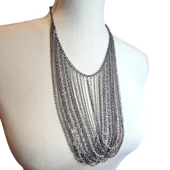 Chico's Statement Necklace Multi Strand Chain Bib Mixed Metal Silver Gunmetal - Picture 2 of 11